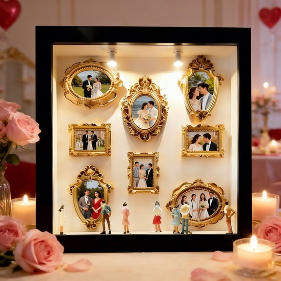 Dserhfy DIY Mini Photo Frame Museum Silhouette Box Lighted Personalized Family Memory Display Case Frame Kit with 8 Mini Figurines And 8 Gold Photo Frames