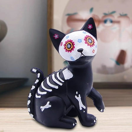 Dserhfy Day of The Dead Dog Cat Figurine Halloween Skull Animal Statue Resin Skeleton Sculpture for Home Desk Decoration