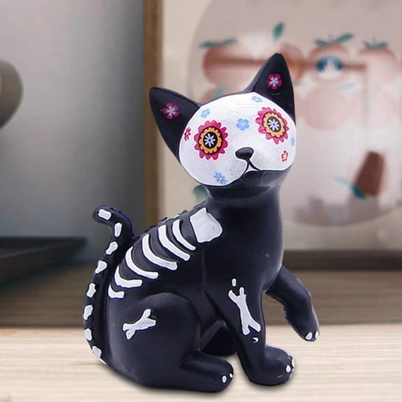 Dserhfy Day of The Dead Dog Cat Figurine Halloween Skull Animal Statue Resin Skeleton Sculpture for Home Desk Decoration