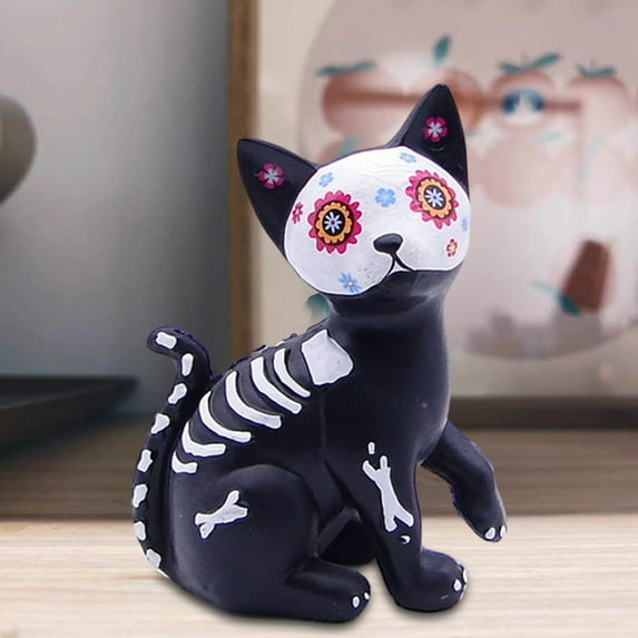 Dserhfy Day of The Dead Dog Cat Figurine Halloween Skull Animal Statue Resin Skeleton Sculpture for Home Desk Decoration