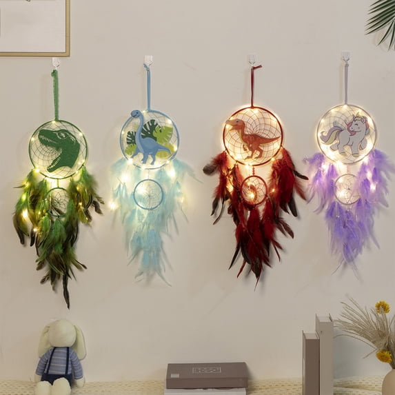 Dserhfy Dinosaur Dream Catcher Ornament Kids Faux LED Light Feather Dream Catcher Handmade Home Decor Birthday Gift