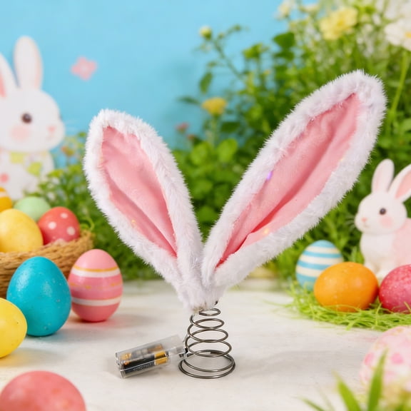 Dserhfy Easter Rabbit Ear Tree Topper with LED Light Plush Bunny Ears Christmas Tree Top Decoration with Metal Spring Easter Home Holiday Party Ornament