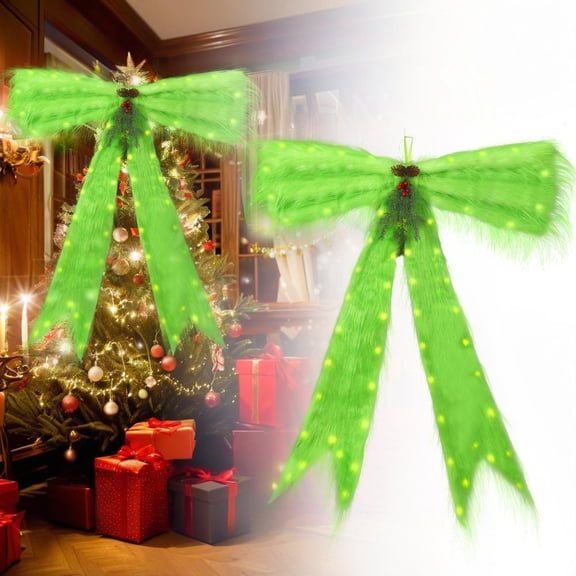 Dserhfy Extra Large Green Christmas Tree Topper Bow with LED Light 47.2" x 23.6" Plush Faux Fur Bow with Pinecones Berries for Front Door Holiday Party Decor
