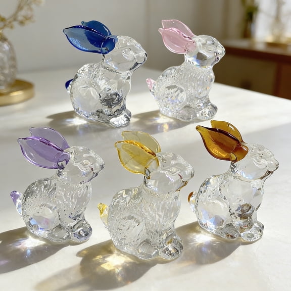 Dserhfy Faux Crystal Easter Bunny Figurine Handmade Clear Glass Rabbit Statue Miniature Animal Sculpture Table Centerpiece for Home Desk Bookshelf Decor