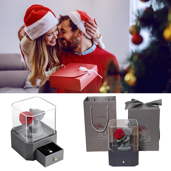Dserhfy Flocking Bear Figurines with Preserved Rose Eternal Rose with Gift Box Romantic Gift for Girlfriend Wife Valentine's Day Anniversary Gift