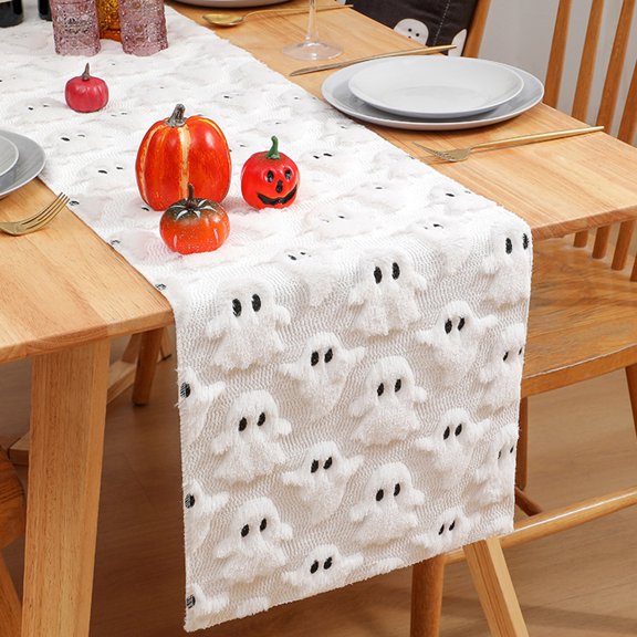 Dserhfy Ghost Pattern Table Runner Plush Faux Fur Jacquard Table Flag Halloween Decoration Halloween Party Supplies