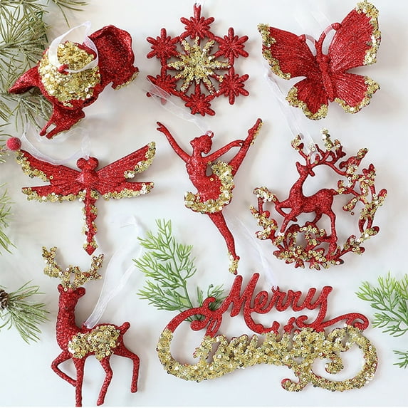 Dserhfy Glitter Sequined Christmas Ornament Red Snowflake/Butterfly/Star/Reindeer/Ballerina Hanging Decoration for Xmas Tree Doors Windows Walls Holiday Home Decor
