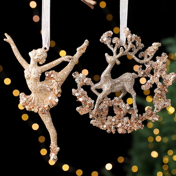 Dserhfy Glitter Sequins Christmas Ornament, Champagne Ballerina Dancer/Snowflake/Butterfly Hanging Decoration