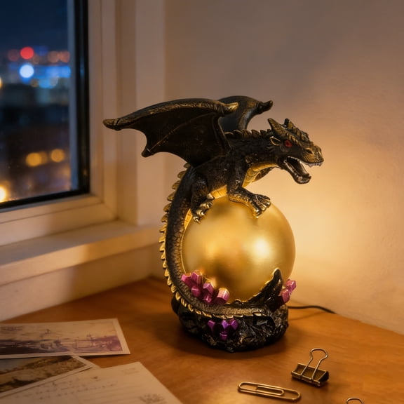 Dserhfy Gothic LED Table Lamp Raven's Moonlight/Pterosaur Desk Lamp Mysterious Crow/Dinosaur on Glowing Orb Sculpture for Halloween Fantasy Indoor Home Decor