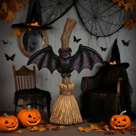 Dserhfy Halloween Broom Bat Figurine Resin Bat with Red Eyes Tabletop Decoration for Indoor Outdoor Home Patio Decor