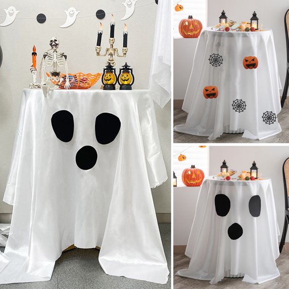 Dserhfy Halloween Ghost Tablecloth White And Black Ghostly Tablecloth Fun And Spooky Dining Table Accessory for Parties Candy Buffet Photo Backdrops