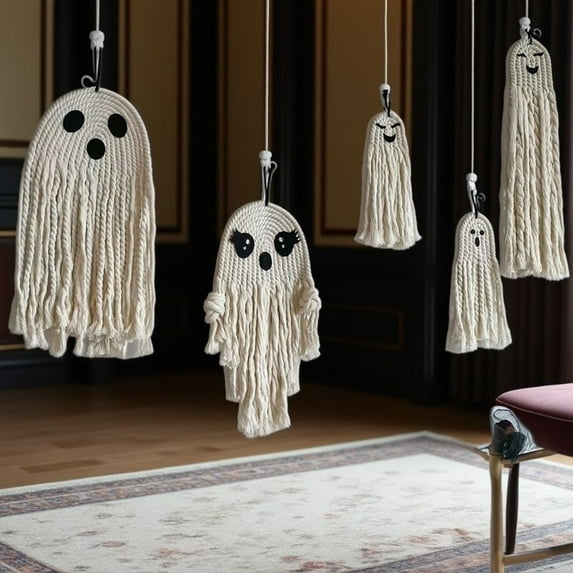 Dserhfy Halloween Ghost Wall Hanging Decoration Boho Handwoven Cotton Rope Ghost Ornaments for Indoor Outdoor Haunted House Decor