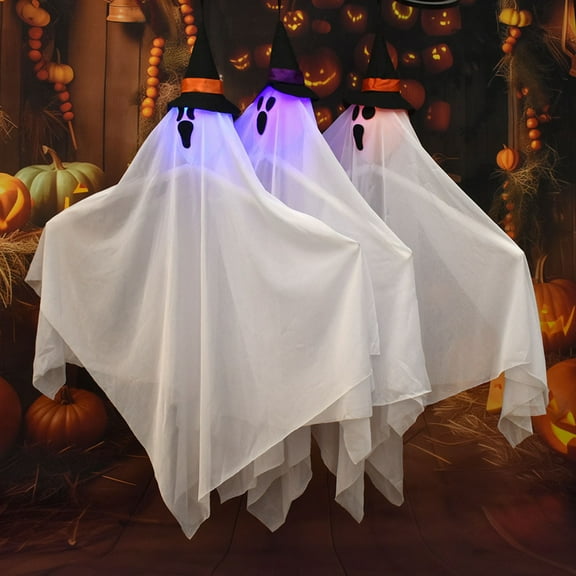 Dserhfy Halloween Hanging Light-up Ghosts Outdoor Flying White Cloth Ghost with Witch Hat for Front Yard Patio Lawn Garden Porch Indoor Outdoor Decoration