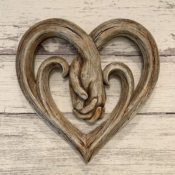 Dserhfy Heart Pendant Sculptures Rustic Wall Hanging Wood Heart Holding Hands Wall Decor for Home