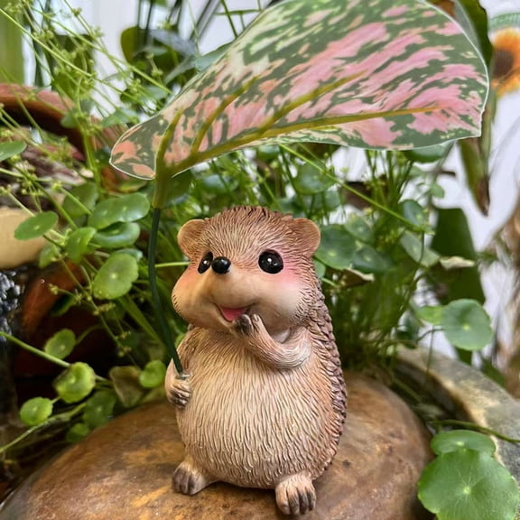 Dserhfy Hedgehog Figurine Resin Hedgehog with Leaf Umbrella Ornament Garden Hedgehog Statue for Outdoor Patio Balcony Lawn