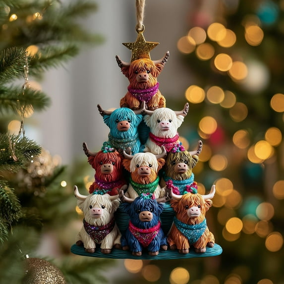 Dserhfy Highland Cow Christmas Ornament 2D Acrylic Christmas Car Ornaments Festive Themed Hanging Decor for Rearview Mirror Tree & Holiday Home Display