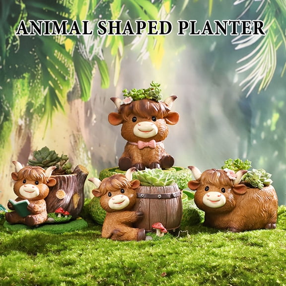 wutoase Highland Cow Planter Pot, Cute Animal Resin Flower Pot with Drainage Hole, Small Scottish Cow Planter for Home Desk Patio Decor