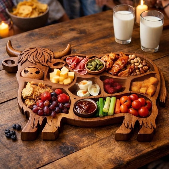 Dserhfy Highland Cow Wooden Charcuterie Board Cute Cow Shaped Serving Tray Rustic Farmhouse Food Platter with Compartments for Cheese Meat Fruit Snacks