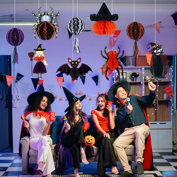 Dserhfy Honeycomb Halloween Hanging Decorations Ghost Spider Pumpkin Witch Bat Paper Honeycomb Centerpieces for Indoor Window Haunted House Decor