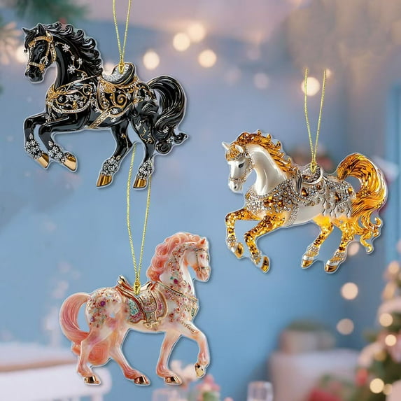 Dserhfy Horse Christmas Ornaments Glitter Rhinestone Horse Christmas Tree Hanging Ornament 2D Flat Acrylic Car Rear View Mirror Charm for Holiday Home Decor