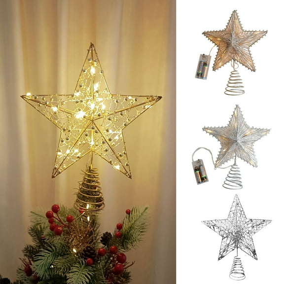 Dserhfy LED Star Christmas Tree Topper Glitter Gold Metal Star Light Ornament Battery Powered Hollow Star Tree Top Light for Christmas Home Parties Bars
