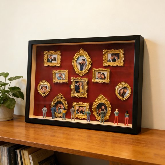 Dserhfy Large Mini Museum Silhouette Box Lighted Shadow Box Frame Kit with 8 Figurines And 11 Gold Mini Frames Custom Photo Display Case Kit for Anniversaries Travel Memories