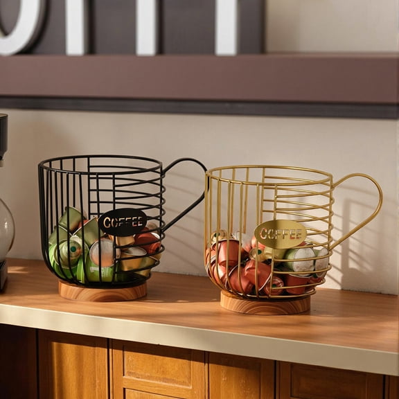 wutoase Metal Wire Cup Storage Basket with Wooden Base, Coffee Mug Shape Hollow Out Organizer for Home Cafe Bar Kitchen Decor