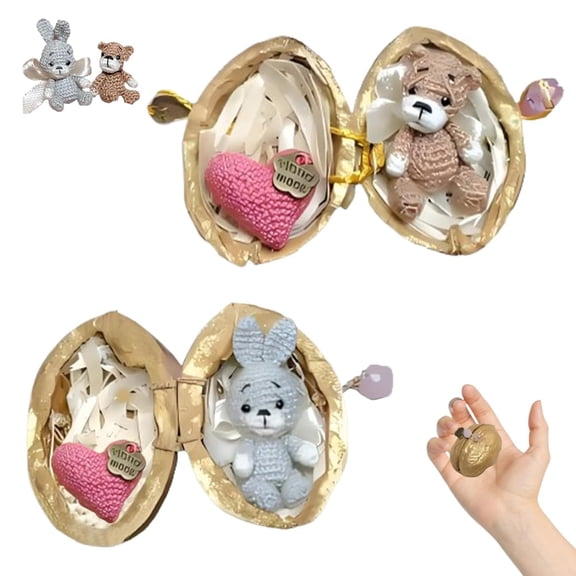 Dserhfy Mini Crochet Animal in Walnut Shell MIniature Bunny Bear with Love Heart Emotional Support Gift for Animal Lovers Friend Women