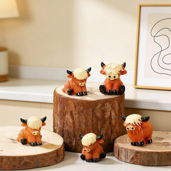 Dserhfy Mini Highland Cow Figurines Handmade Resin Miniature Cow Statue Cute Farm Animal Sculpture for Home Garden Office Desk Decor DIY Micro Landscape