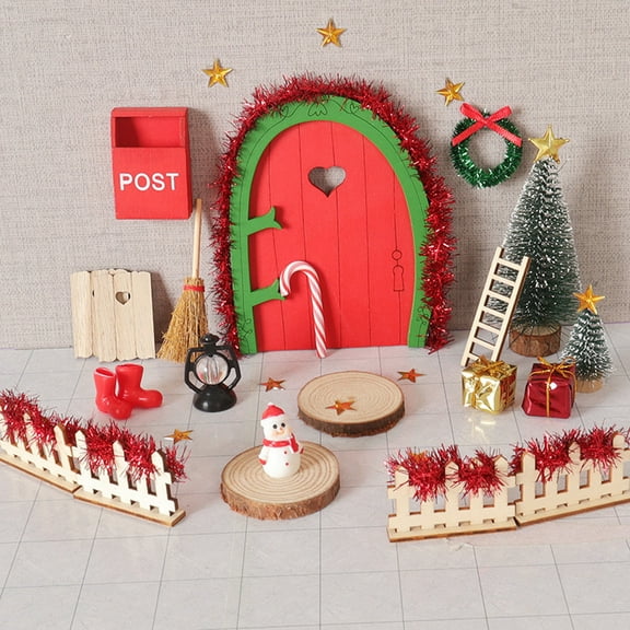 Dserhfy Miniature Christmas Scene Model Wooden Elf Door Set Handmade Mini Wood Door Festive Holiday Dollhouse Decor