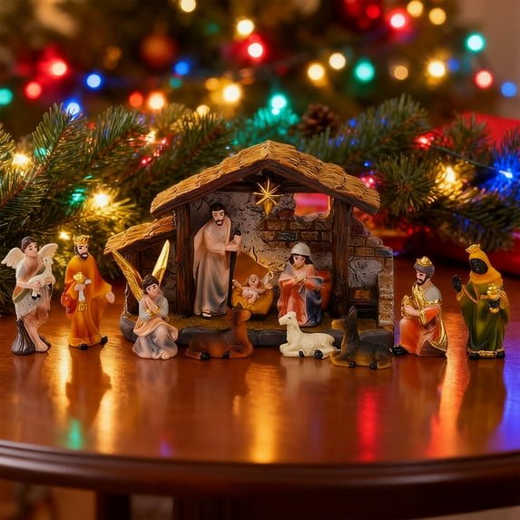 Dserhfy Nativity Scene Set Stable Resin Christmas Manger Figurines for Home Decor Holiday Tabletop Display Gifts