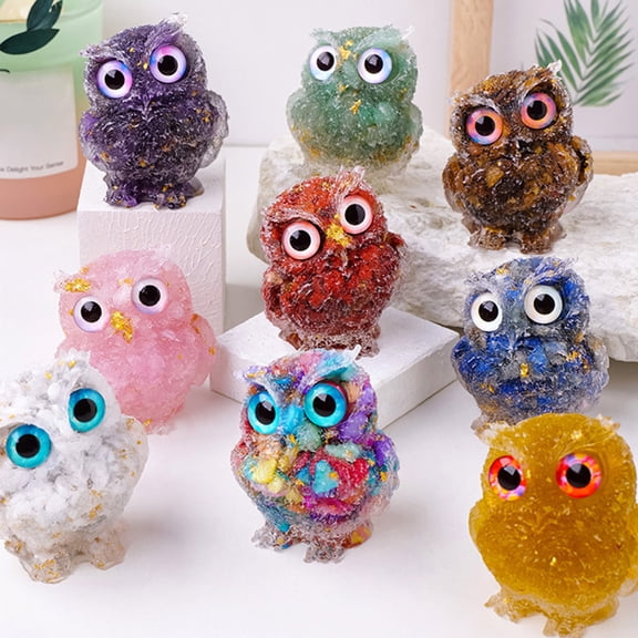 Dserhfy Natural Crystal Owl Figurine Handmade Resin Owl Statue Filled with Crystal Stones Tabletop Owl Ornament for Home Office Car Decor Reiki Healing