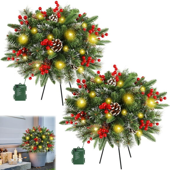 Dserhfy Pre-lit Christmas Tree Urn Filler 20 Inch Artificial Xmas Pine Tree with Pinecone Red Berries Battery Powered Outdoor Light Up Planter Filler with Tripod Stake for Porch Pathway