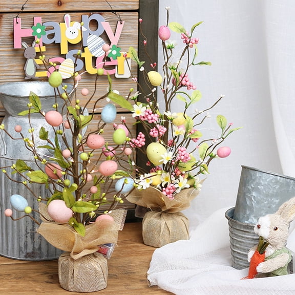 Dserhfy Pre-lit Easter Egg Tree with Burlap Base Battery Powered Easter Birch Tree with LED Light Tabletop Centerpiece for Home Table Spring Party Decoration