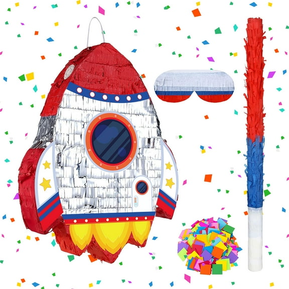 Dserhfy Pull String Rocket Ship Pinata Rocket Pinatas with Blindfold Bat Stick Confetti for Kids Space Themed Birthday Party Supplies