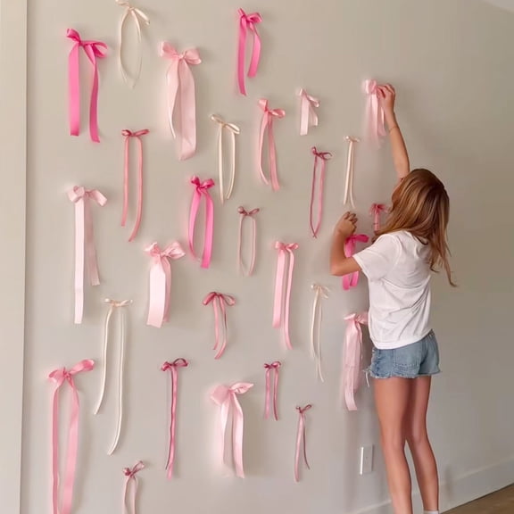 Dserhfy Ribbon Bow Wall Backdrop Pink Blue White Satin Bow Wall Decor for Bridal Shower Wedding Bachelorette Birthday Baby Shower Decor