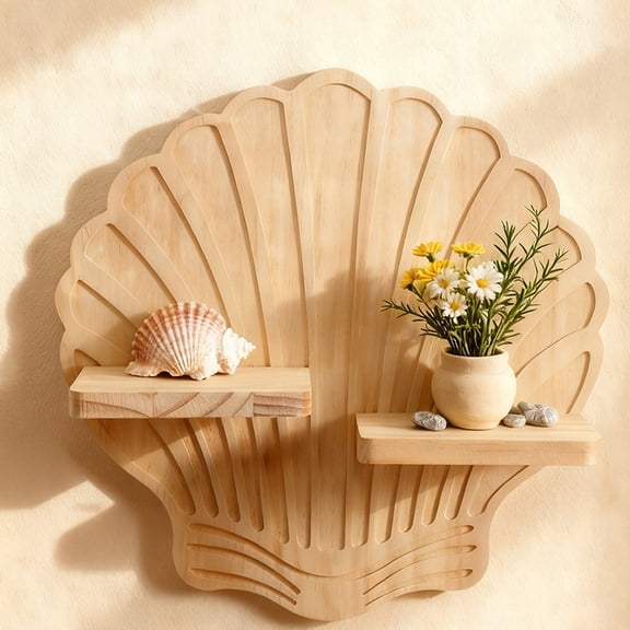 Dserhfy Sea Shell Wall Shelf Rustic Wall Mounted Wooden Hanging Storage Organizer Boho Coastal Decorative Floating Shelves for Living Room