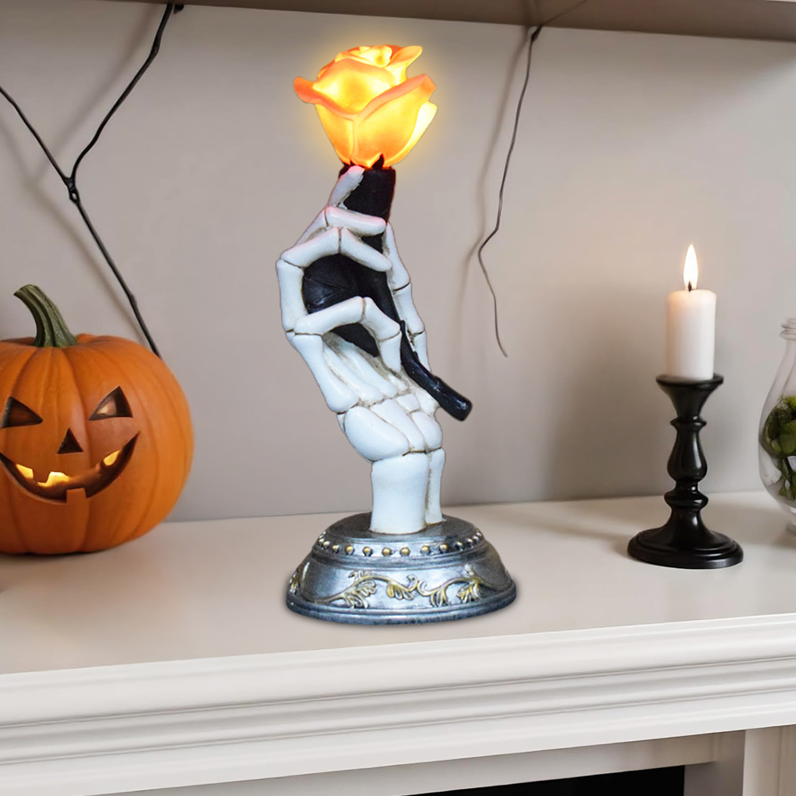 Dserhfy Skeleton Hand Holding Rose Statue LED Lighted Resin Skull Rose ...