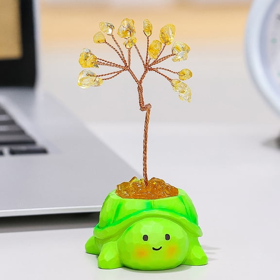 wutoase Small Faux Crystal Tree, Mini Money Tree with Cartoon Animal Pot, Handmade Copper Wire Feng Shui Ornament for Home Office Desk Decor