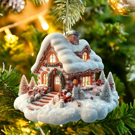 Dserhfy Snow Village House Ornament Rustic Log Cabin Hanging Ornament 2D Acrylic Cottage with Snow Scene for Winter Wonderland Xmas Tree Decor