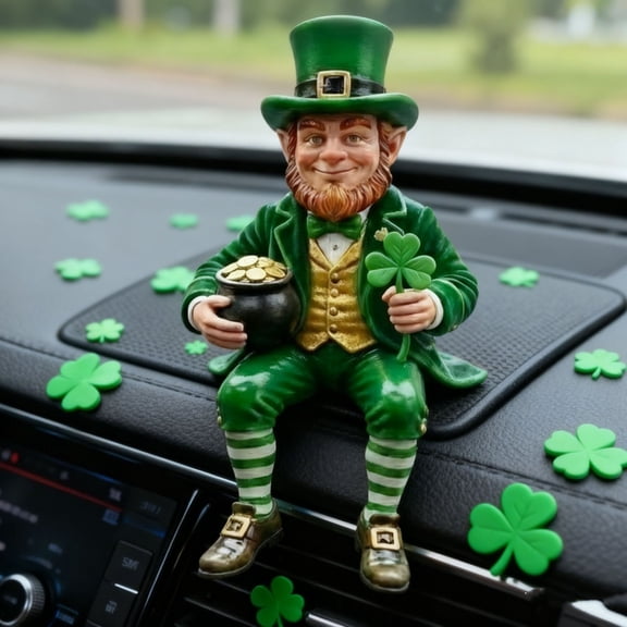 Dserhfy St. Patrick's Day Leprechaun Figurine Small Lucky Shamrock Statue Resin Irish Clover Leprechaun Ornament for Car Dashboard Home Table Decor