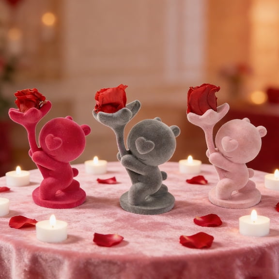 Dserhfy Valentine’s Day Bear Ornament with Preserved Rose Holding Eternal Flower Flocking Bear Decoration Wedding Anniversary Romantic Gift