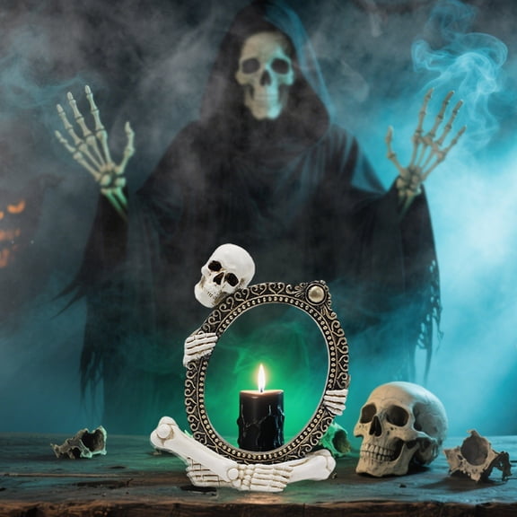 Dserhfy Vintage Skeleton Mirror Frame Statue Gothic Halloween Skull Hold Mirror Figurine Resin Skeleton Sculpture for Shelf Mantel Home Office Decor
