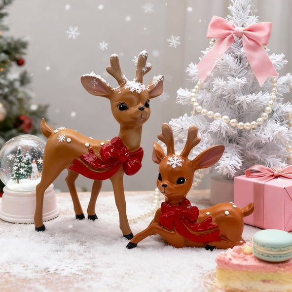 Dserhfy Vintage Spotted Deer Ornament Resin Sika Deer Figurine with Red Bow Cute Deer Statue for Christmas Decoration Table Centerpiece