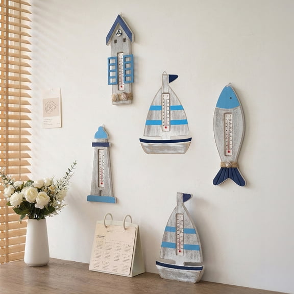 wutoase Vintage Wooden Coastal Wall Thermometer, Nautical Fish/Lighthouse/Sailboat/Cabin Shaped Temperature Gauge for Room Wall Decor