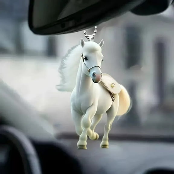 Dserhfy White Horse Christmas Ornaments 2D Flat Acrylic Running Horse Car Rear View Mirror Charm Auto Hanging Pendant for Holiday Home Tree Decor