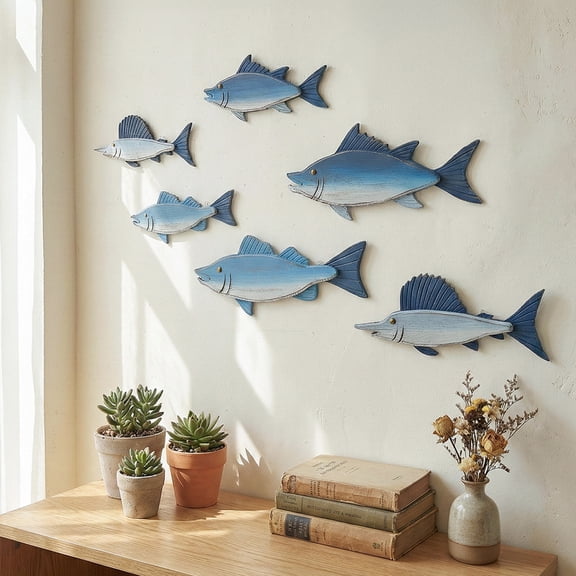 wutoase Wood Fish Nautical Wall Decor, Rustic Beach Fish Wall Art Coastal Ocean Wall Hanging Sculpture for Kitchen Dining Room Home Decor