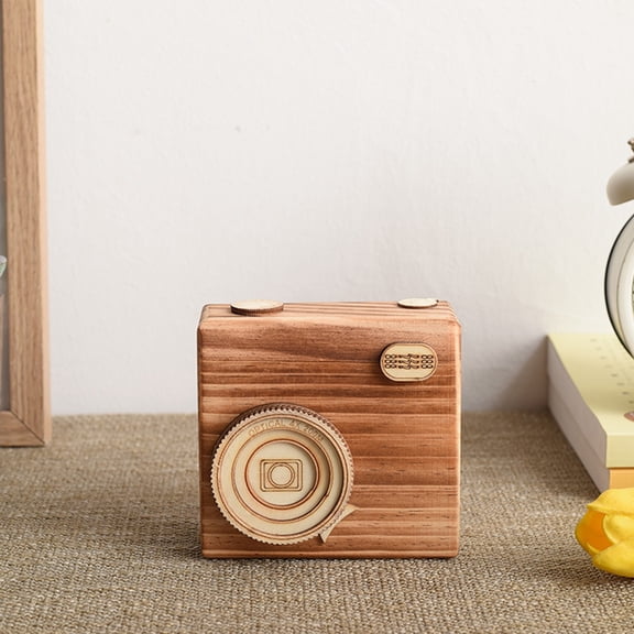 Dserhfy Wooden Camera Storage Box Rustic Retro Camera Shape Container with Sliding Lid DIY Handmade Camera Model Toy Decoration