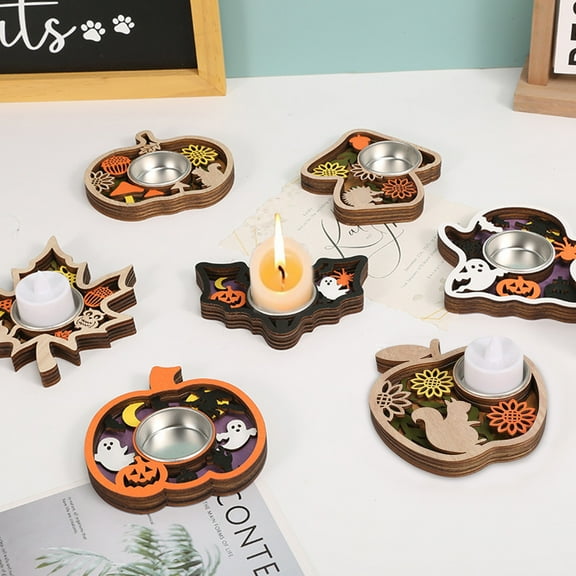 Dserhfy Wooden Candle Plate Holder Tray Tabletop Tealight Pillar Display Tray Wood Pumpkin Bat Ghost Maple Leaf Table Centerpiece for Halloween Thanksgiving Fall Decor