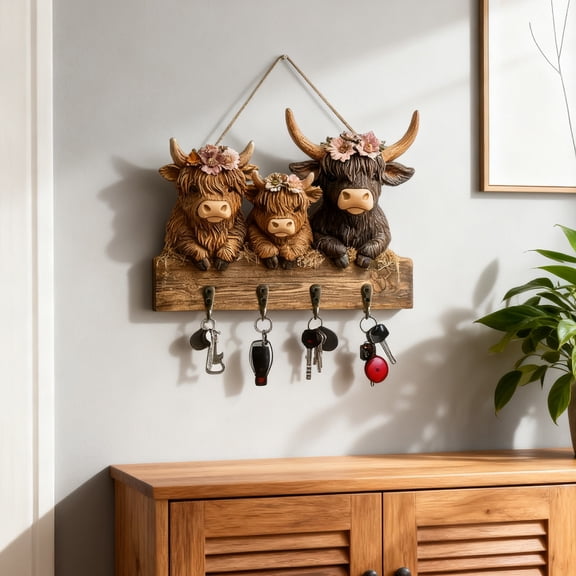 Dserhfy Wooden Highland Cattle Key Holder with 4 Hooks Vintage Train Wall Mount Key Organizer Multi-purpose Home Office Entryway Decorative Key Hanger Rack